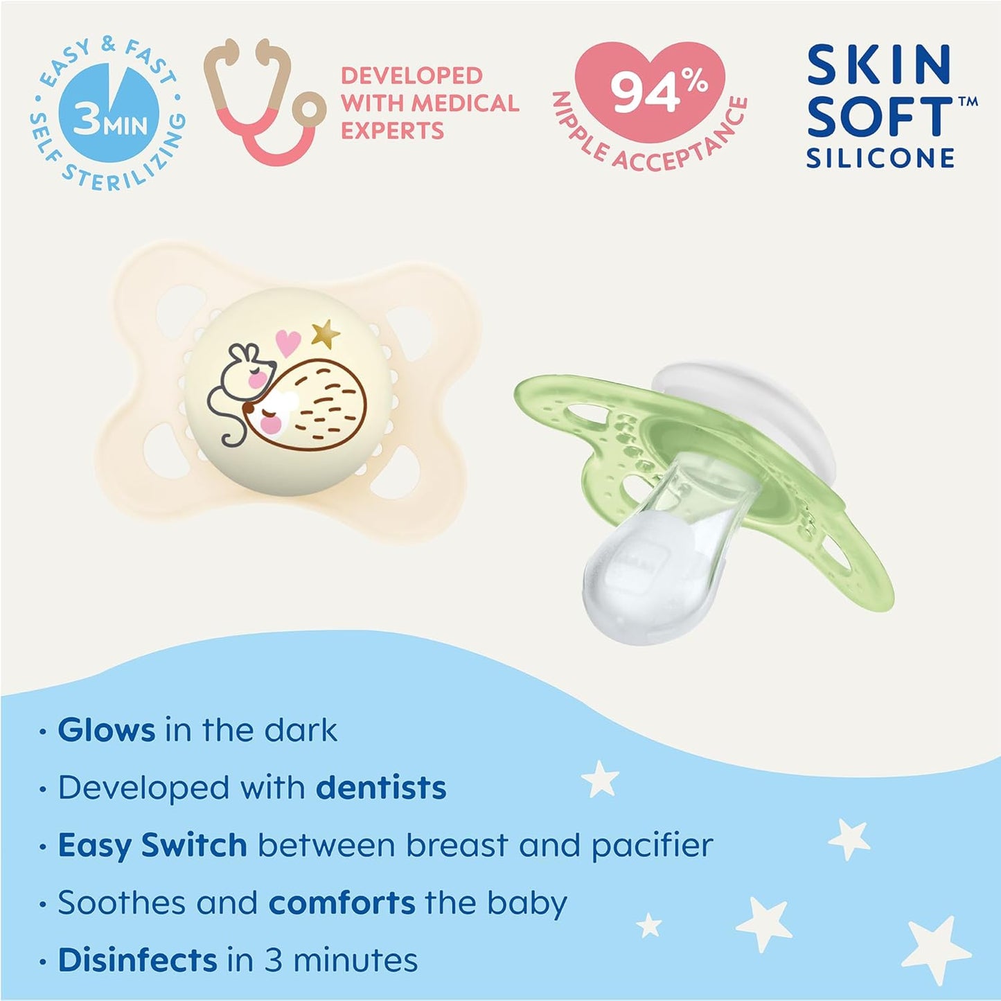 MAM Night Glow in The Dark Silicone Pacifier, Green/White, 0-6 Months, 2-Count