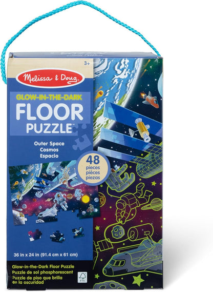 Melissa & Doug Space Glow-in-the-Dark Jigsaw Floor Puzzle - 48 peças, quebra-cabeças para crianças de 3 anos, quebra-cabeça de papelão, brinquedos Montessori, quebra-cabeças para crianças, solução de problemas