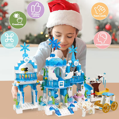 COGO Brinquedos de construção de castelo congelado para meninas Brinquedos de construção de castelo de princesa Brinquedo de palácio de gelo Castelo de princesa brinquedos com 2 minibonecas Presente de aniversário