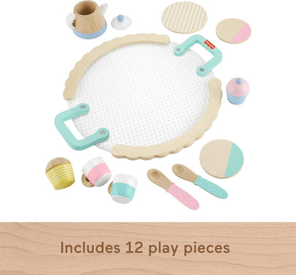 Fisher-Price Preschool Toy Wooden Tea Set with Teapot, Cups & Saucers, 12 Wood Pieces for Pretend Play Kids Ages 3+