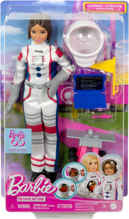 Barbie Boneca do 65º aniversário e 10 acessórios, conjunto de astronauta com boneca morena, rover rolante, capacete espacial com escudo giratório e muito mais, HRG45