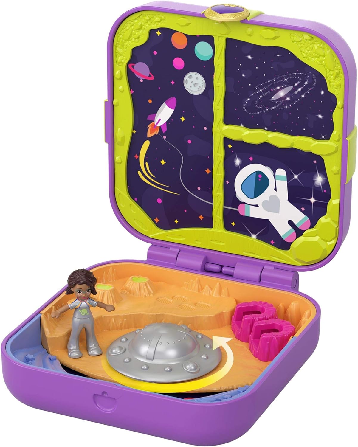 Polly Pocket Hidden Hideouts Moon Rockin’ Adventure compacto, boneca e acessórios