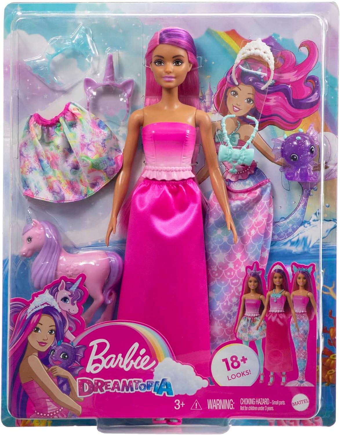 Barbie Boneca, brinquedos de sereia, roupas e acessórios Barbie, conjunto de fantasia, bebê unicórnio e dragão de estimação, HLC28