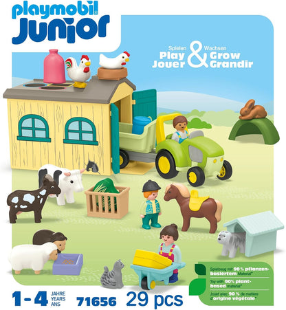 Playmobil 71656 JUNIOR: Farm Adventure com Trator, Trailer e Animal Friends, brinquedo educativo, feito com mais de 90% de plástico de origem vegetal