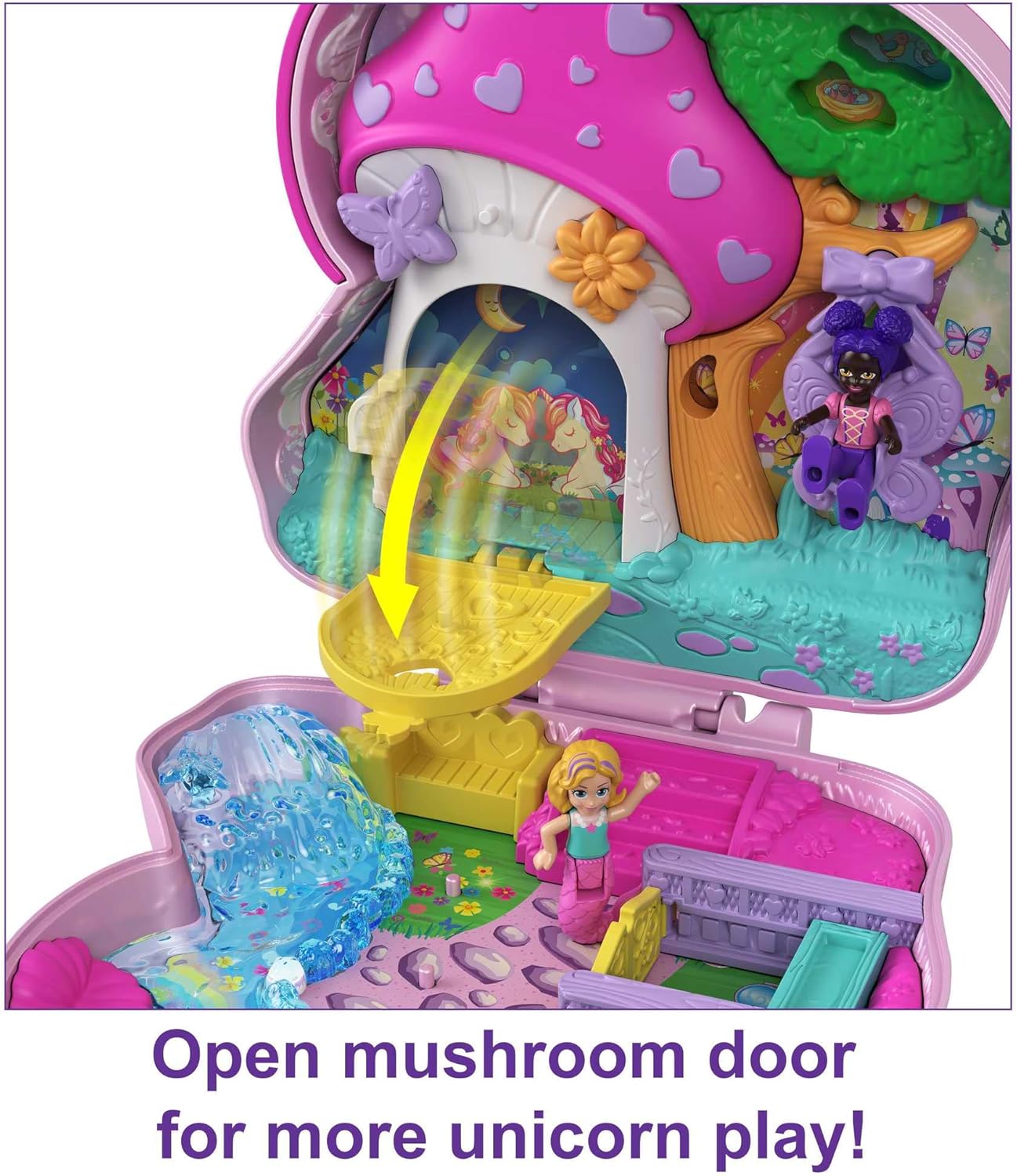 Polly Pocket Unicorn Forest Compact, tema Tea Party, 12 acessórios para brinquedos pop e swap, 2 bonecas Polly Pocket, brinquedos para maiores de 4 anos, um playset Polly Pocket, HCG20