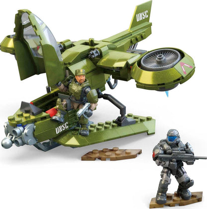 MEGA de construção de veículos de brinquedo Halo, aeronaves UNSC Hornet Recon com 4 microfiguras de ação colecionáveis e articuladas e acessórios