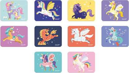 Janod - Magnéti'Book Unicorns - Jogo educativo de 44 ímãs com 10 cartas modelo - Brinquedo infantil de papelão FSC - Desenvolve Destreza e Imaginação - 3 anos +