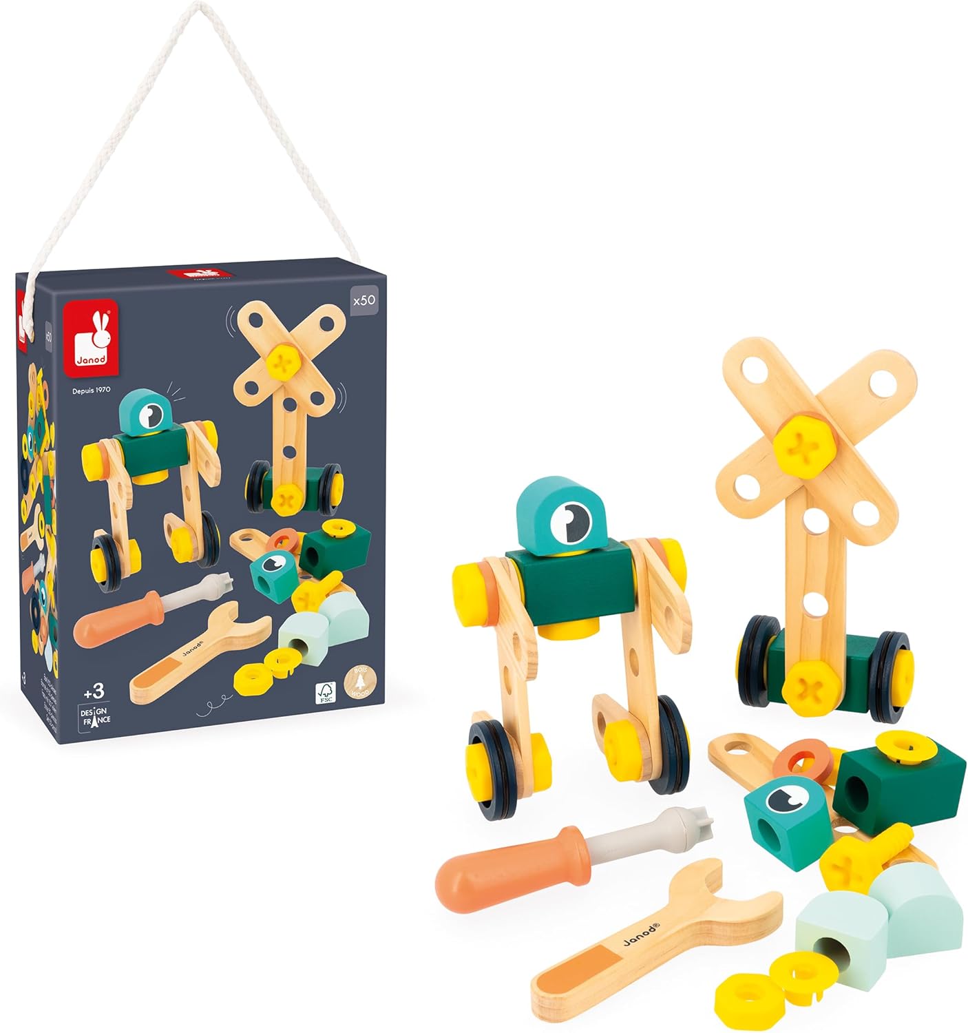 Janod - Banheira Brico'Kids de 50 peças - Jogo de construção infantil - 48 acessórios + 2 ferramentas - Brinquedo de simulação - Desenvolve destreza e criatividade - 3 anos +,