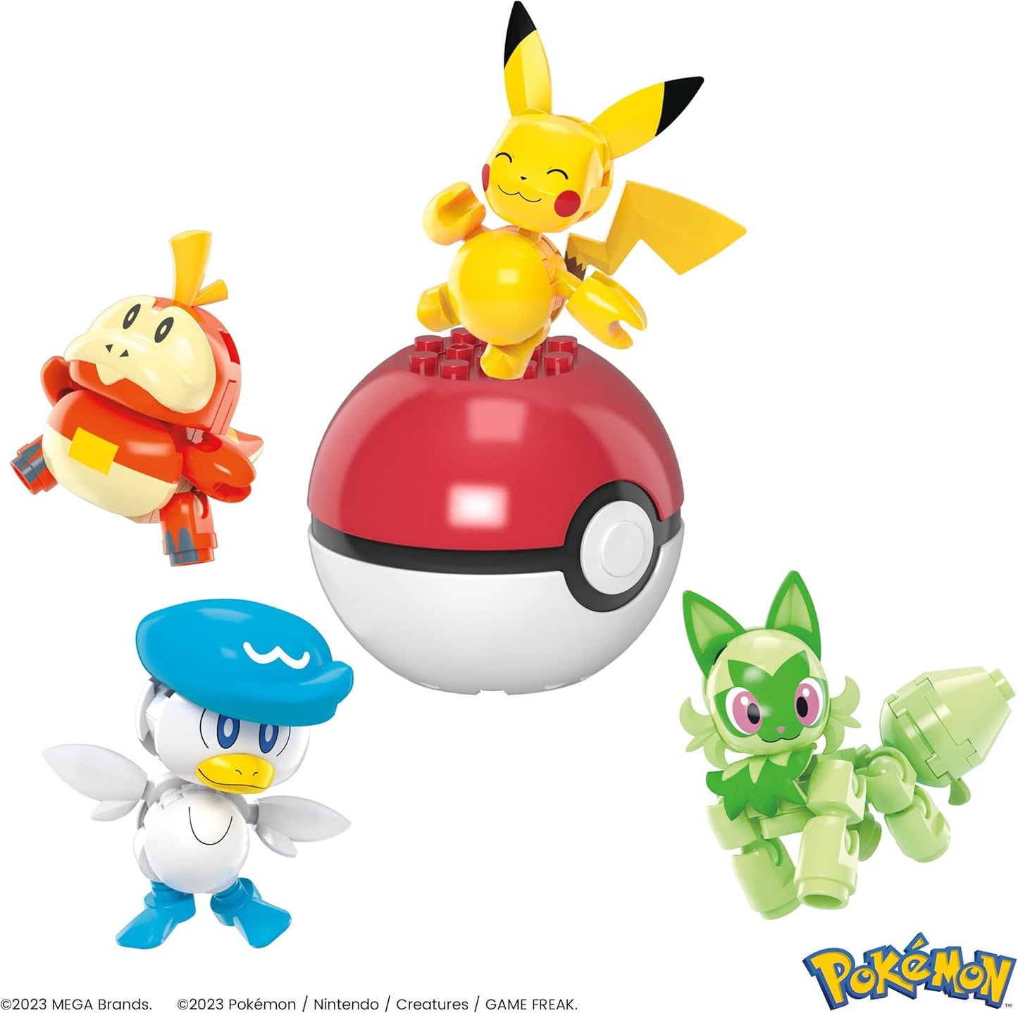 MEGA Brinquedos de construção de bonecos de ação Pokémon para crianças, equipe da região de Paldea com 79 peças, Pikachu Fuecoco Sprigatito e Quaxly, e 1 Pokébola, HPX92