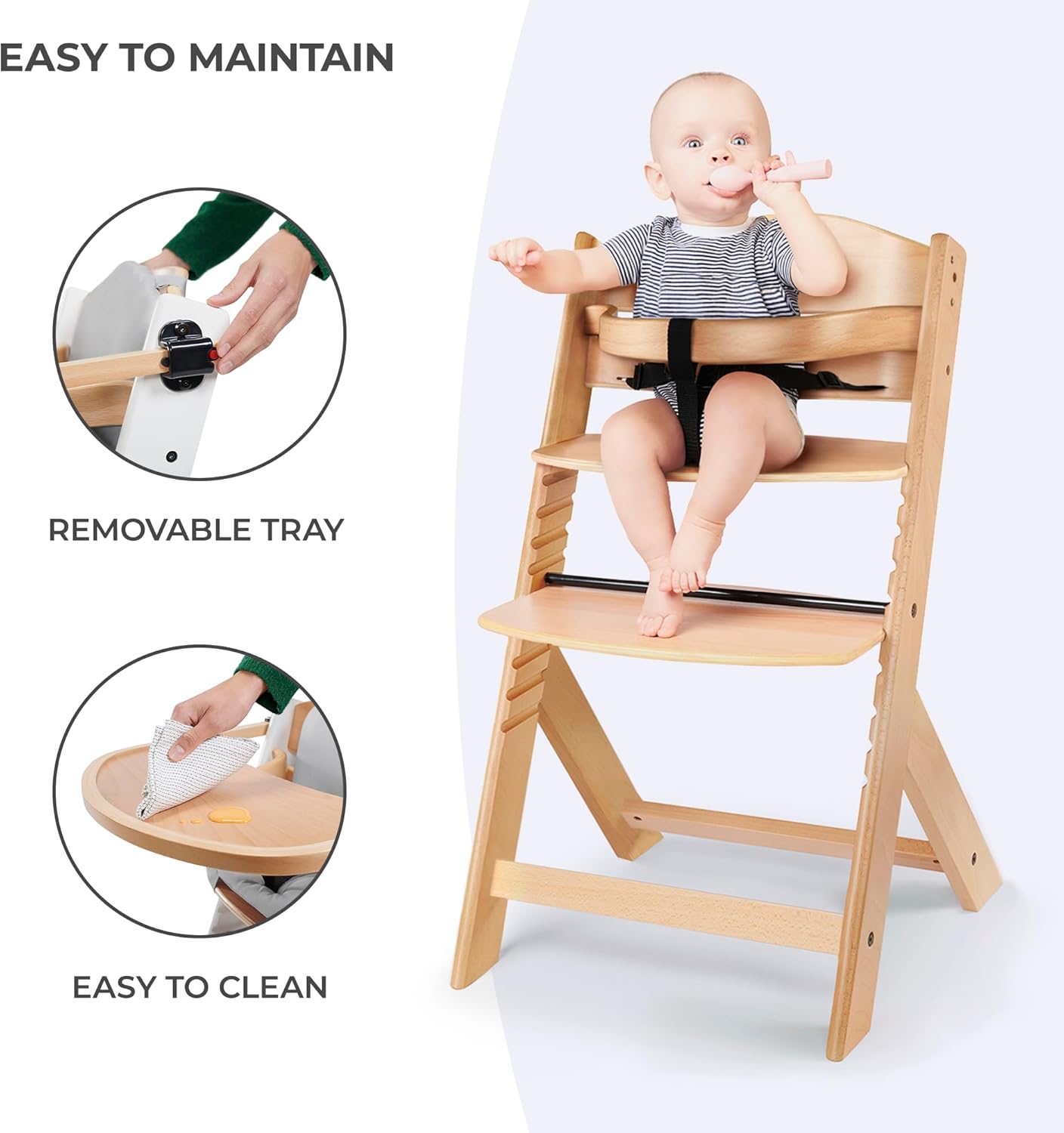 Kinderkraft NECK Trona 3 en 1 de Madera, Silla Bebé Multifuncional, Altura Regulable y Reposapiés, Cinturón de Seguridad, con Bandeja Extraíble, para Niños hasta 10 Años, Blanco