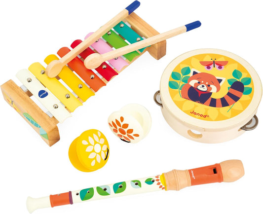 Janod - Conjunto Musical Gioia - 4 Instrumentos Musicais Infantis - Finja Brincar de Brinquedos de Despertar Musical - Jogo de Madeira FSC - Tinta à Base de Água - 18 Meses +,