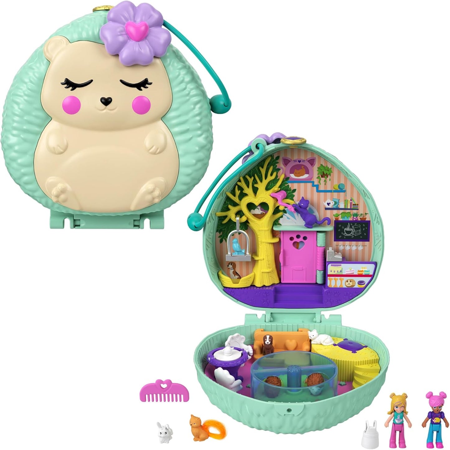 Polly Pocket Hedgehog Cafe Compact, tema café e animal de estimação, boneca Micro Polly e boneca amiga, 2 figuras de animais, recursos divertidos e revelações surpresa, ótimo presente para maiores de 4 anos, GTN15