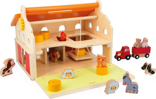 Janod - 'My First Wooden Farmhouse' infantil - 16 acessórios - Brinquedo infantil de simulação - Desenvolve destreza e imaginação - Brinquedo de madeira FSC - 24 meses +, J03318