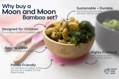 Moon and Moo Conjunto de tigela e colher de sucção de bambu para crianças, bebês e bebês desmamados - Não tóxico - Sem plástico - Fique no lugar - Tigela de sucção para bebês - Conjunto de desmame de bebês