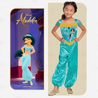 DISGUISE Fantasia infantil de princesa Jasmine padrão oficial da Disney, fantasia de Aladdin infantil, fantasia de princesa Jasmine para meninas, fantasia de princesa árabe, fantasia do Dia Mundial do Livro para meninas