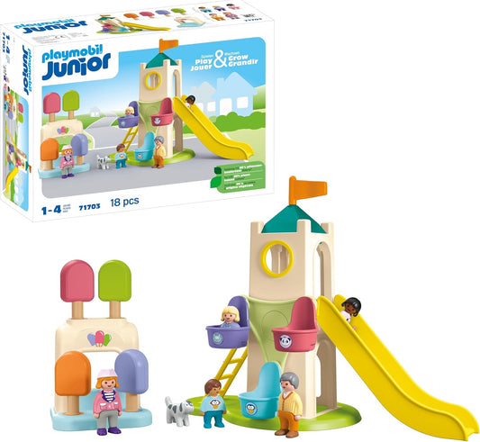 Playmobil 71703 JUNIOR Adventure Tower com cabine de sorvete, brinquedos de desenvolvimento para crianças com torre e roda gigante, brinquedos educativos, feitos de mais de 90% de plásticos vegetais