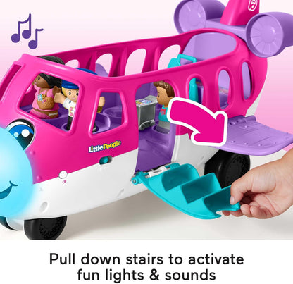 Fisher-Price Avião de brinquedo Barbie Little People para crianças com luzes, música e escadas dobráveis, Little Dream Plane, 4 peças de brincar, versão em vários idiomas, HRC38