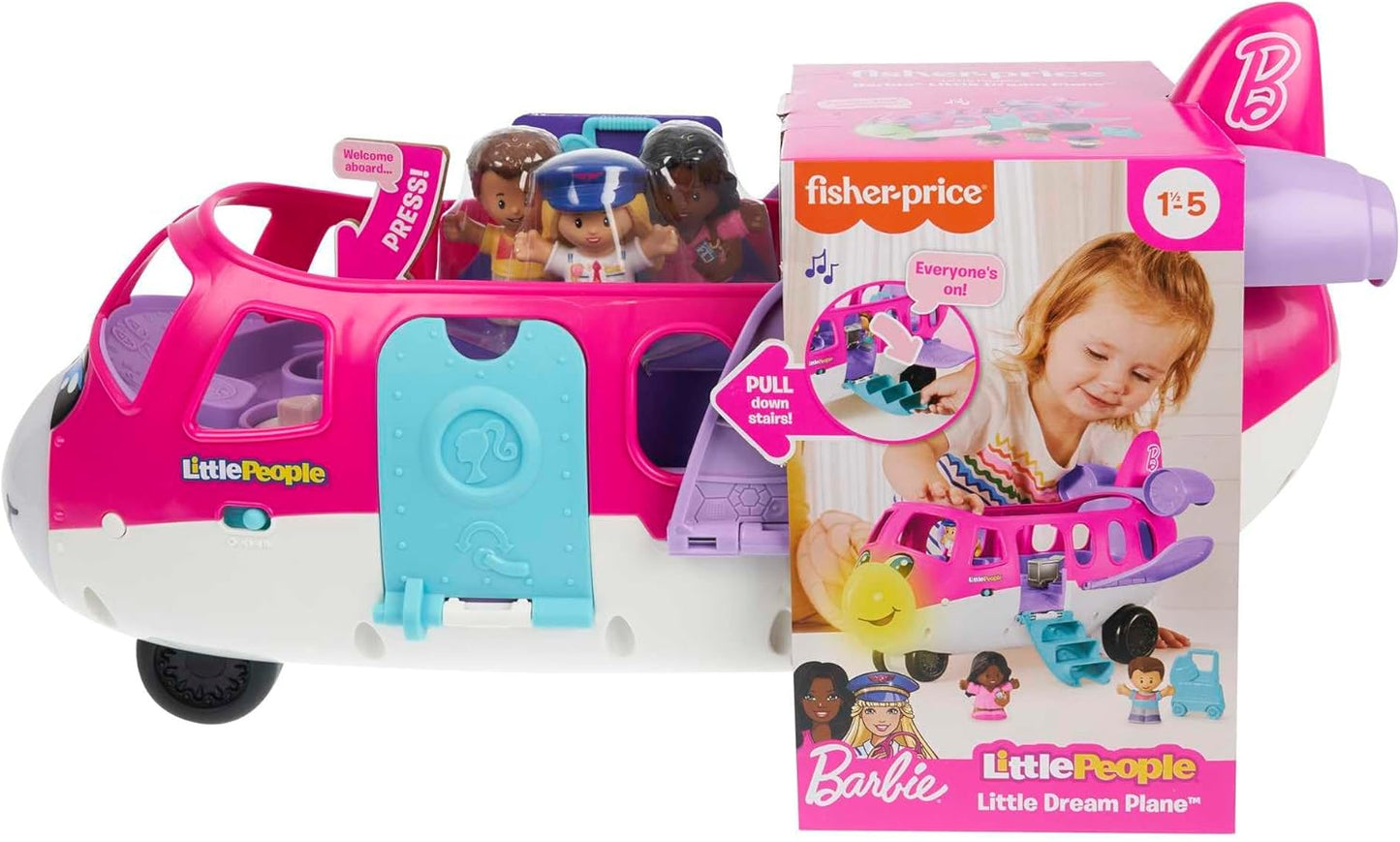 Fisher-Price Avião de brinquedo Barbie Little People para crianças com luzes, música e escadas dobráveis, Little Dream Plane, 4 peças de brincar, versão em vários idiomas, HRC38