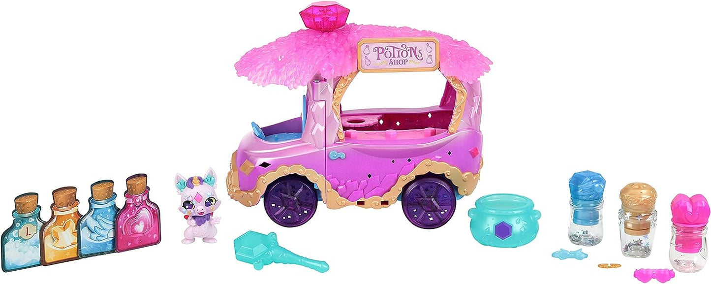 Magic Mixies Magic Potions Truck Playset, se transforma em uma loja de poções, cria 3 feitiços e poções surpresas para seus mixlings, inclui 1 mixling exclusivo,