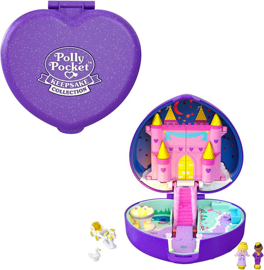 Polly Pocket Keepsake Collection Starlight Castle Compact, tema de castelo encantado, caixa especial, bonecos Polly e Prince, carruagem, figuras de cisne e unicórnio, presente colecionável para fãs de Polly