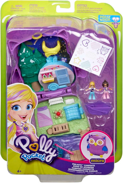 Polly Pocket Pocket World Owlnite Campsite compacto com revelações divertidas, bonecas Micro Polly e Shani, barco e folha de adesivos; Para maiores de 4 anos, GKJ47