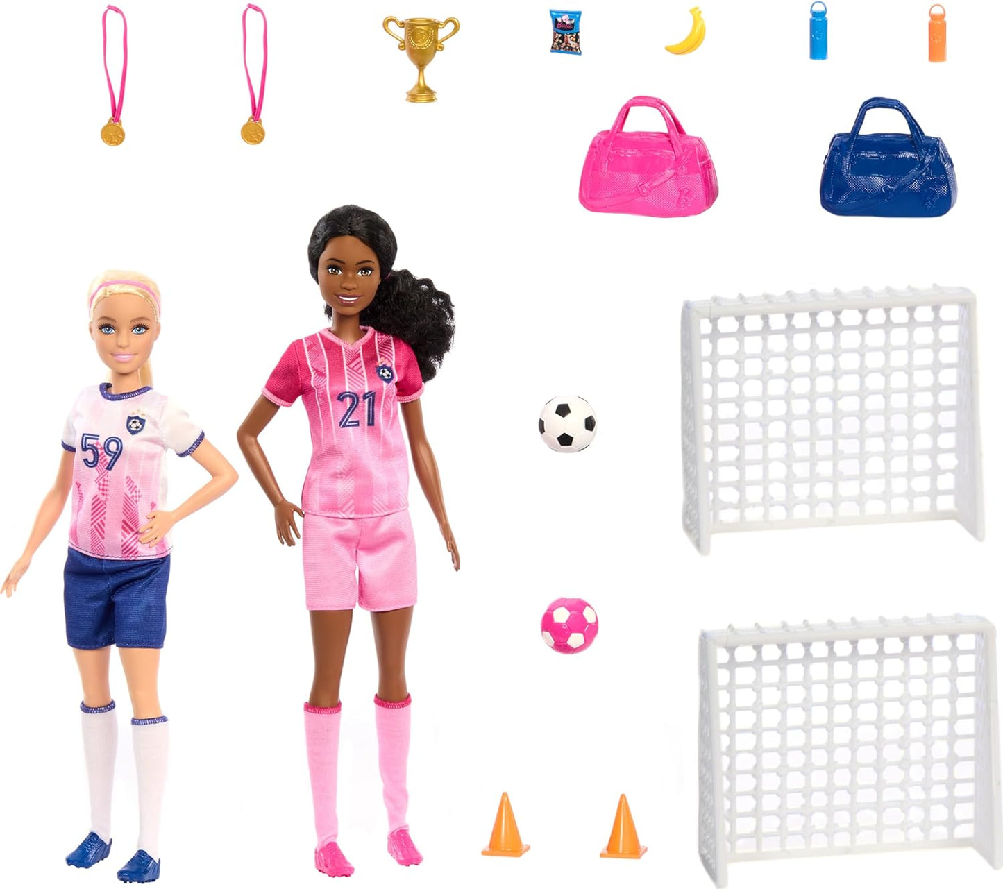 Barbie Bonecas de carreira e 15 acessórios, conjunto de jogador de futebol com Barbie “Brooklyn” e bonecas loiras pequenas, 2 redes, 2 bolas e mais, HRG88