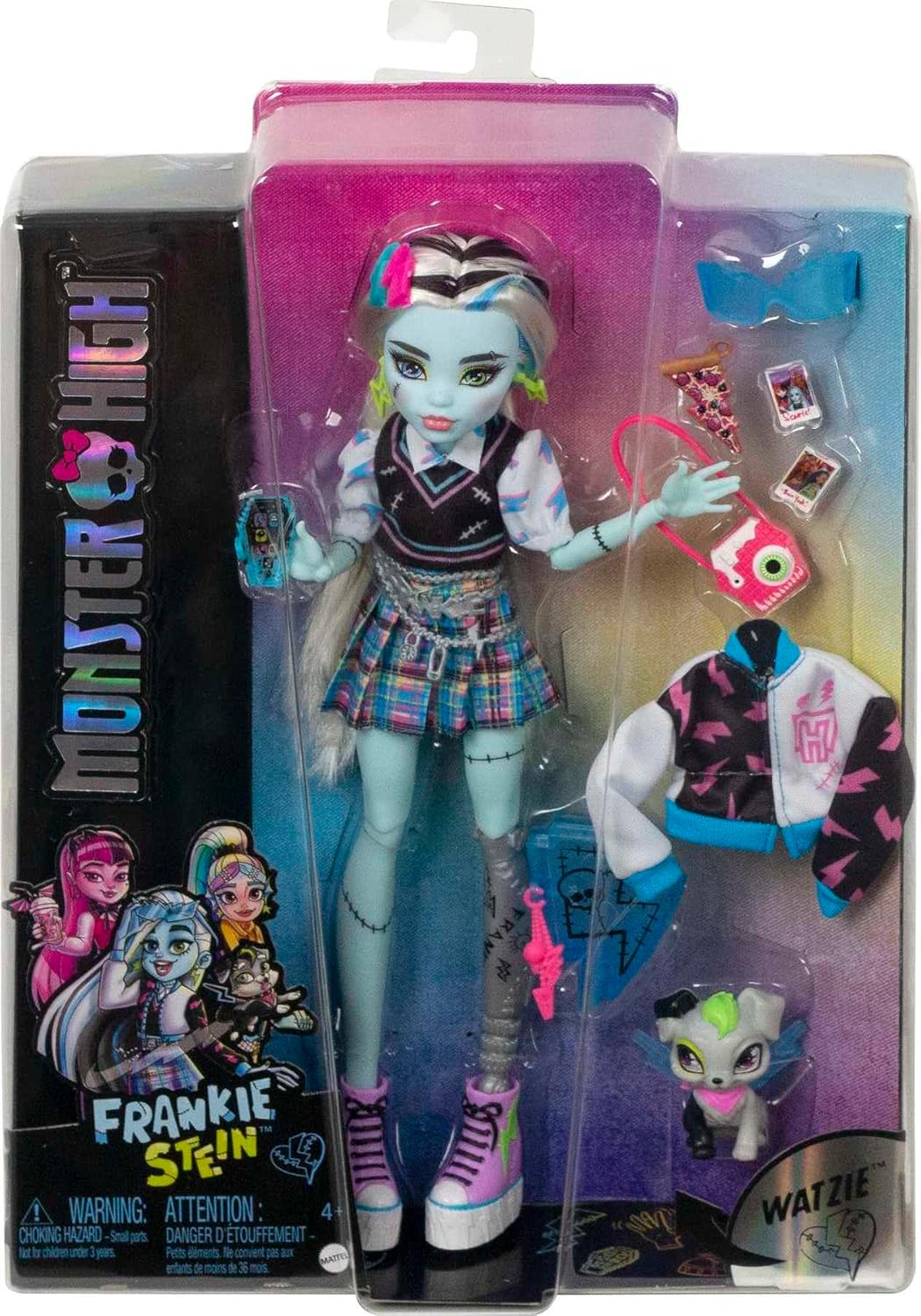 Monster High Boneca Frankie Stein, boneca Frankenstein moderna com cabelo preto e branco, brinquedo para cachorro Watzie e acessórios para bonecas, brinquedos para maiores de 4 anos, uma boneca, HHK53