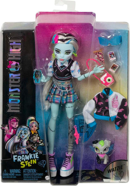 Monster High Boneca Frankie Stein, boneca Frankenstein moderna com cabelo preto e branco, brinquedo para cachorro Watzie e acessórios para bonecas, brinquedos para maiores de 4 anos, uma boneca, HHK53