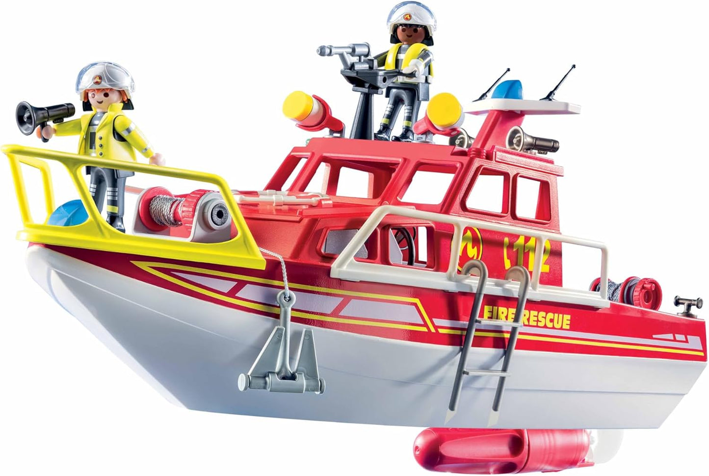 Playmobil 71598 Action Heroes: barco de resgate de incêndio, missão de resgate na água, barco flutuante com teto e acessórios removíveis, conjuntos de jogos cheios de ação adequados para crianças a partir de 4 anos