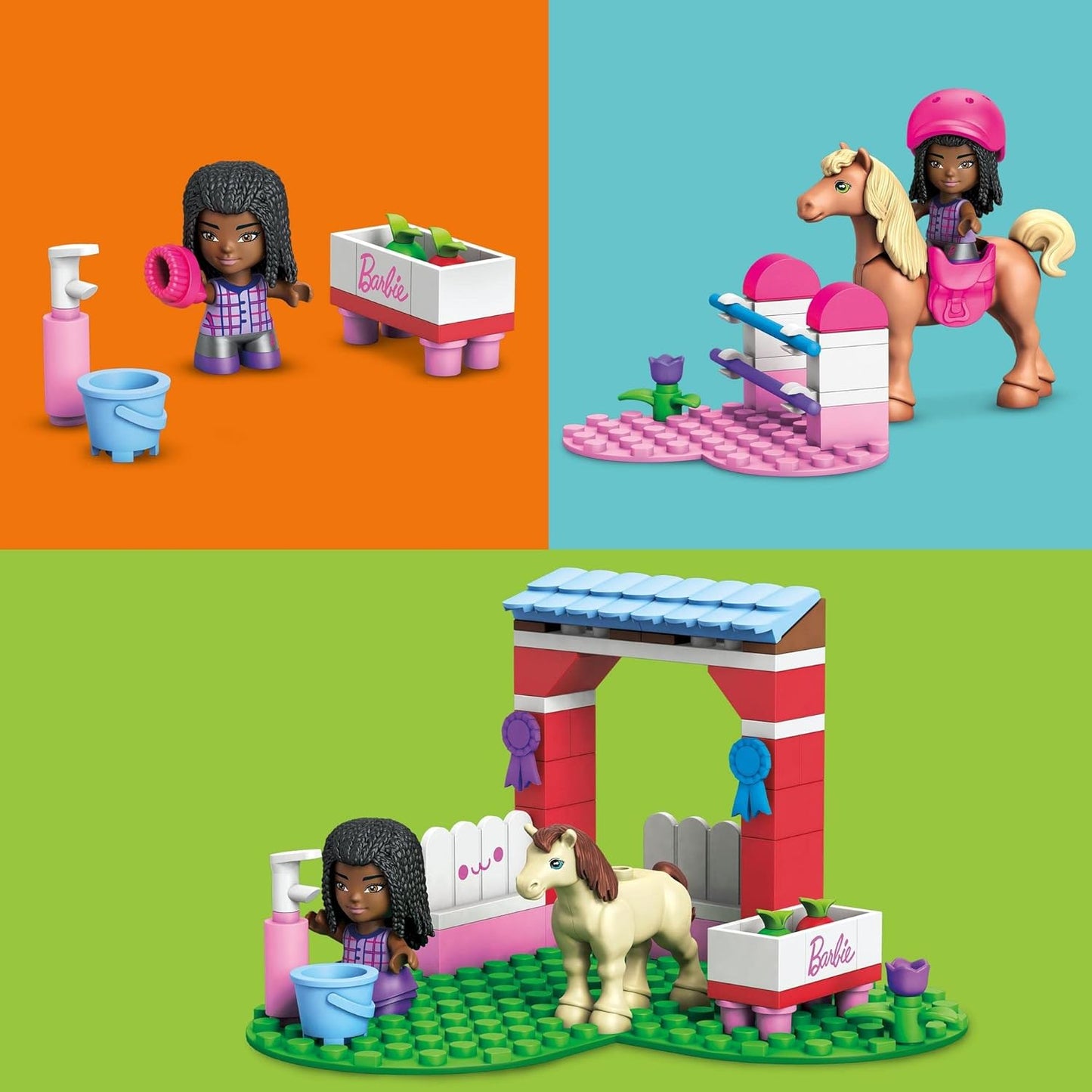 MEGA Conjunto de construção Barbie Horse Jumping - Inclui 68 blocos de construção - 1 microboneca, cavalo e pônei - 3 itens de moda - Adereços estáveis - Presente para crianças a partir de 4 anos - HDJ84