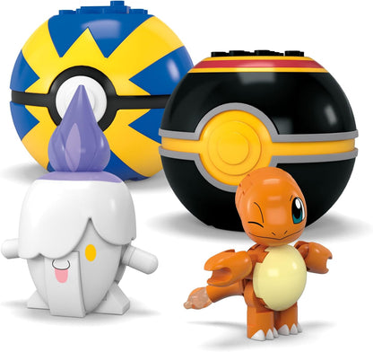 MEGA Brinquedos de construção de bonecos de ação Pokémon, equipe de treinador iniciante com 191 peças, 8 personagens, incluindo Pikachu Charmander Squirtle, para crianças, HTJ75