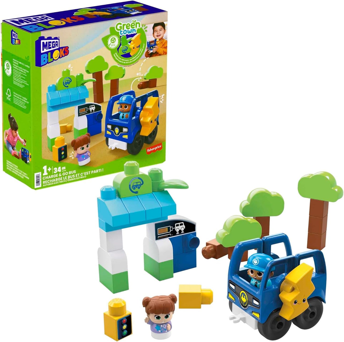 MEGA Blocos de construção infantis BLOKS Fisher-Price, ônibus Green Town Charge & Go com 34 peças, 2 figuras, crianças de 1 ano ou mais