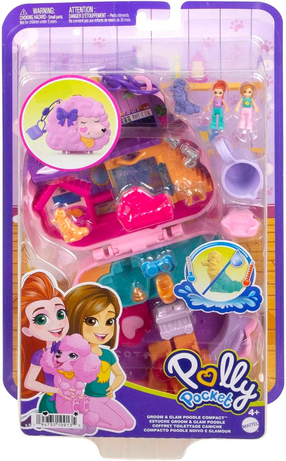 Polly Pocket Dolls e Playset, brinquedos de animais, Groom & Glam Poodle Playset compacto com brincadeira de água e 2 peças que mudam de cor, HKV35