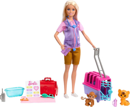 Barbie  Boneca e acessórios Careers, conjunto de resgate e recuperação de animais com boneca loira, bonecos de macaco e tigre, transportadora e muito mais, HRG50