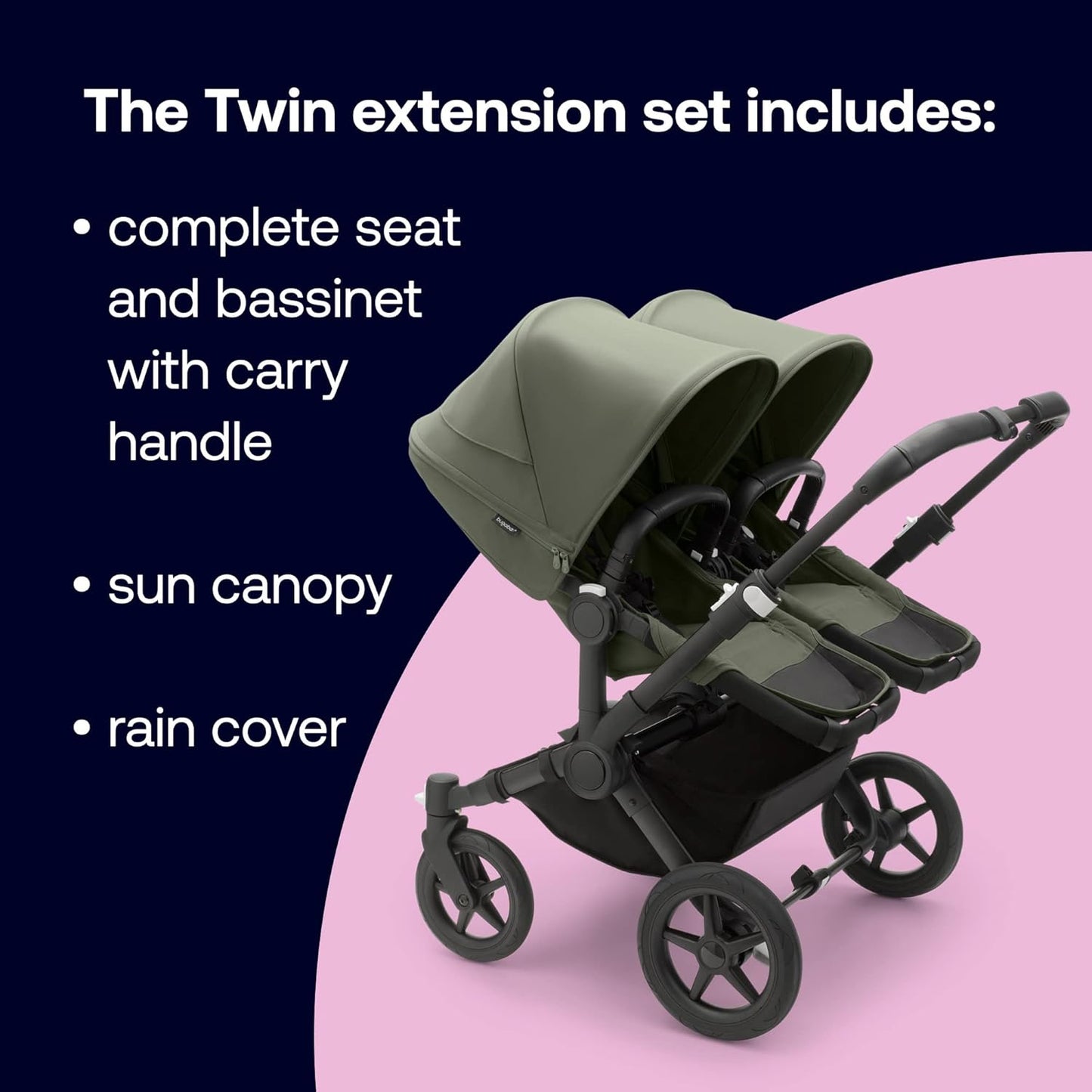 Conjunto de extensão Twin Bugaboo Donkey 5, converte seu Donkey 5 Mono em um carrinho duplo, lado a lado, design aprimorado, assento reversível e direção com uma mão, Forest Green