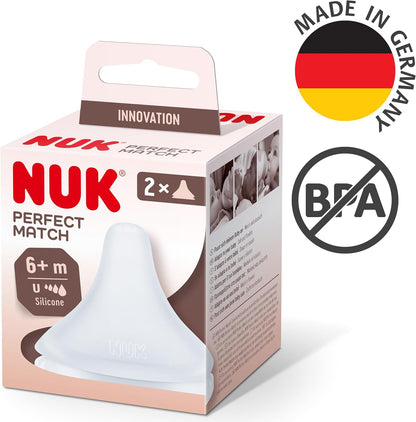 NUK Tetinas de mamadeira Perfect Match | 0+ meses | Adapta-se ao paladar do bebê | Ventilação anticólica | Sem BPA | Tetina de silicone pequena para mamadeiras | 2 unidades