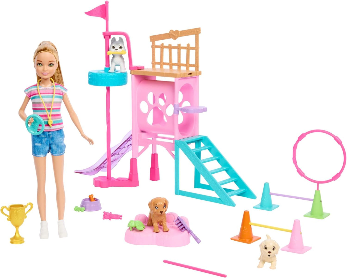 Barbie e Stacie para o resgate Boneca e conjunto de brinquedos, pista de obstáculos para filhotes com boneca, 3 bonecos de cachorro e 18 acessórios, para maiores de 3 anos, HRM10