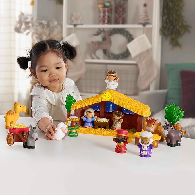 Fisher-Price Conjunto de presépio de brinquedo para crianças pequenas com luzes musicais e 18 peças para brincar de Natal, maiores de 1 ano, HMX70