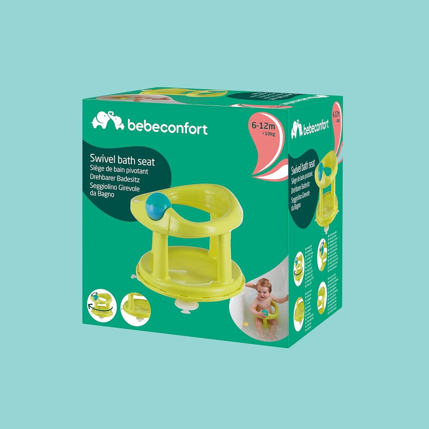 Bebeconfort Assento de banho giratório, 6 - 12 meses, máx. 10 kg, assento de apoio para banho infantil, assento de banho, cadeira de banho para bebê antiderrapante, ergonômico, ventosas, cor limão