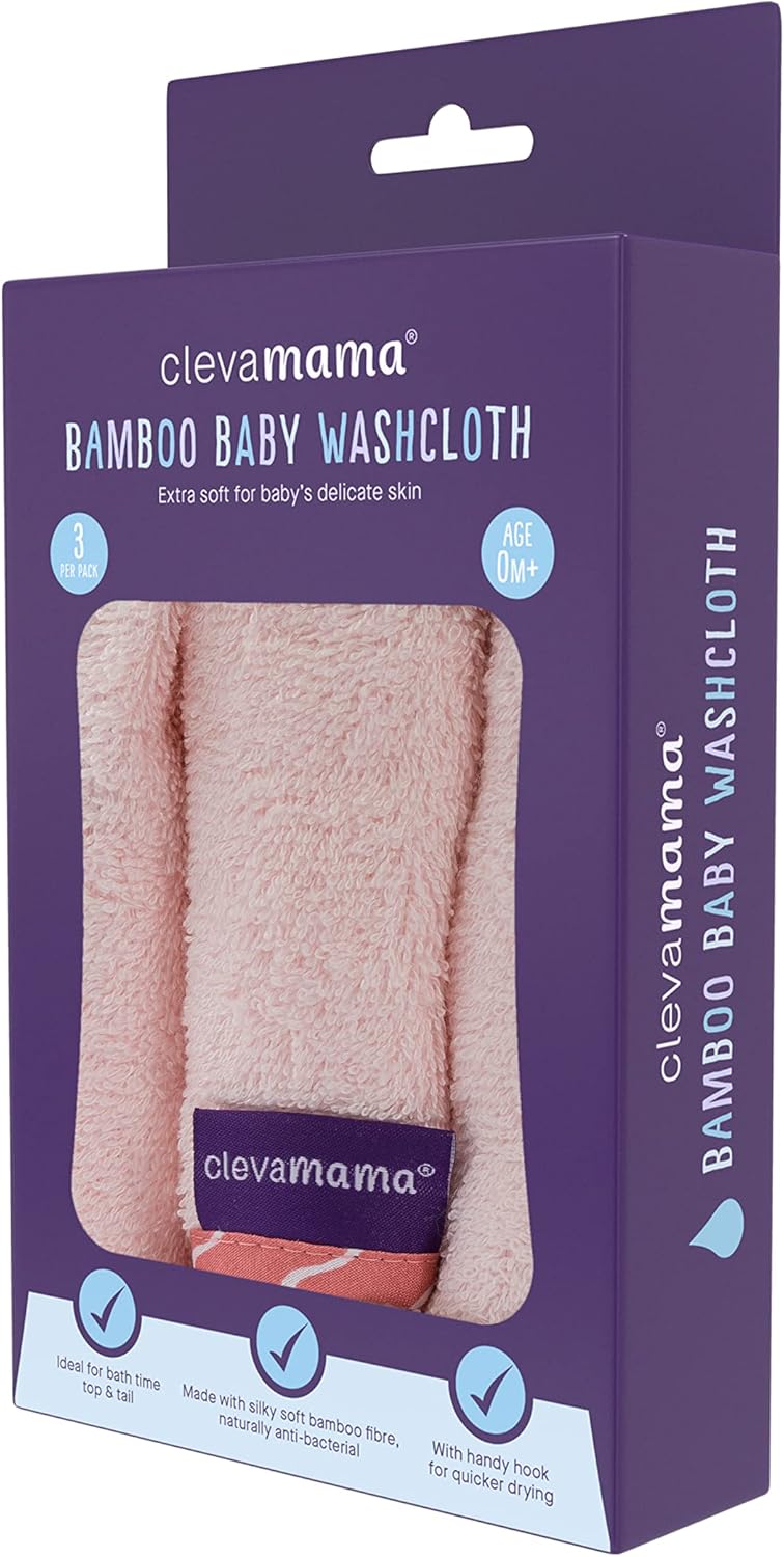 ClevaMama Toalla facial de bambú para bebé, ultra suave y absorbente, hecha de bambú y algodón, juego (paquete de 3) - Rosa