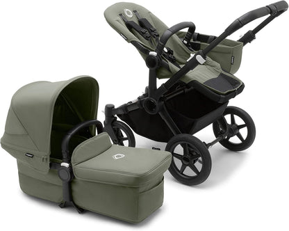 Bugaboo Donkey 5 Mono, conversível em carrinho duplo lado a lado, design aprimorado, assento reversível, direção com uma mão e cesta lateral, preto/verde floresta