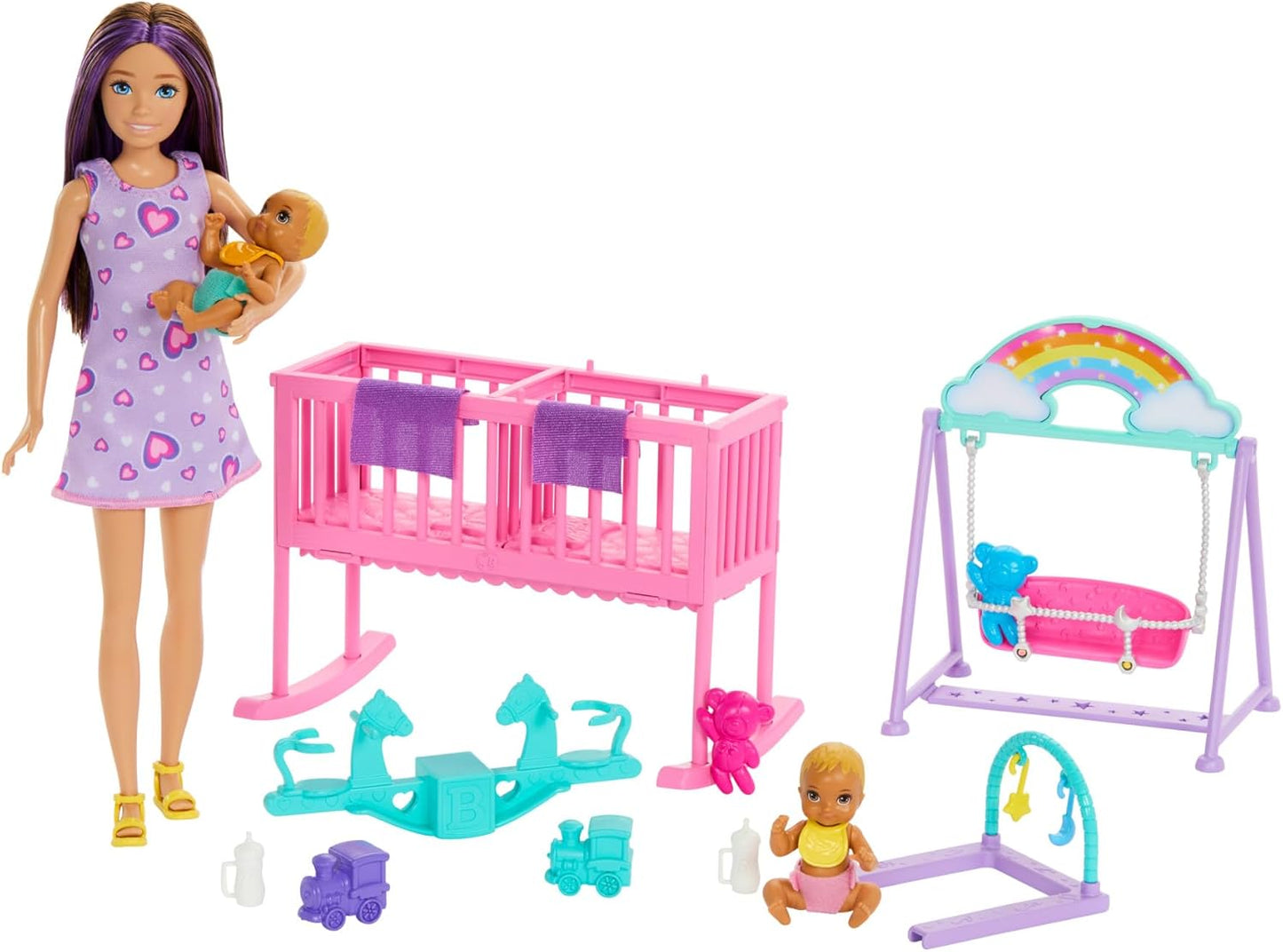 Barbie Boneca Skipper e conjunto de brinquedos para berçário com acessórios, inclui bonecas gêmeas, 1 berço, 1 balanço, 1 gangorra e muito mais, HXM99