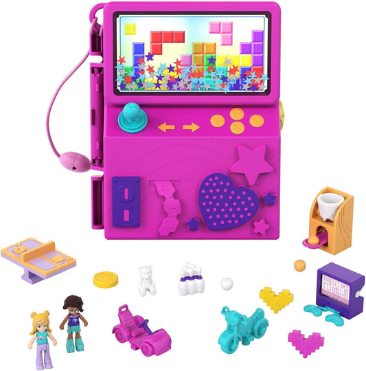 Polly Pocket Race & Rock Arcade Compact, tema de jogo com bonecas Micro Polly e Shani, 5 revelações e 12 acessórios, recurso Pop & Swap, ótimo presente para maiores de 4 anos