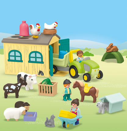 Playmobil 71656 JUNIOR: Farm Adventure com Trator, Trailer e Animal Friends, brinquedo educativo, feito com mais de 90% de plástico de origem vegetal