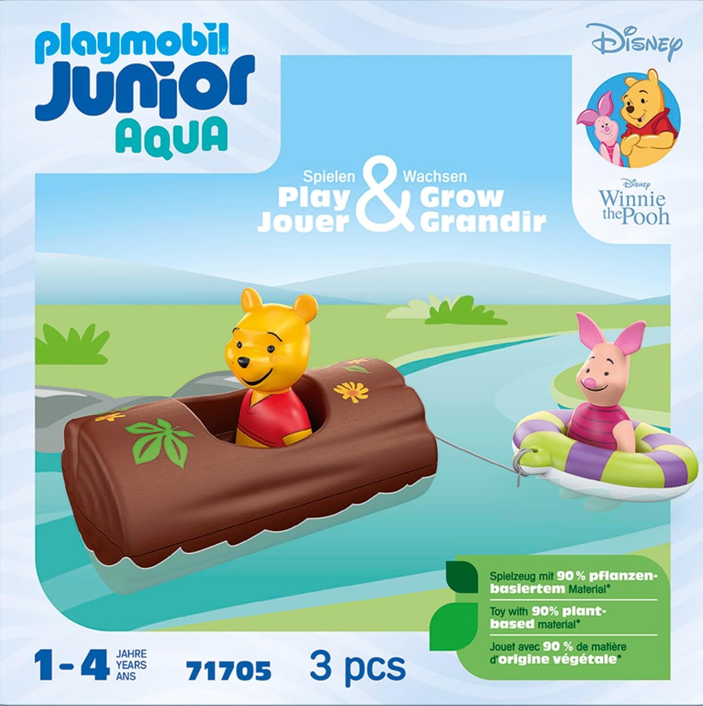 PLAYMOBIL 71705 JUNIOR e Disney: Winnie the Pooh's & Piglet's Water Adventure, incluindo barco e anel de natação, brinquedo sustentável feito de plástico à base de plantas