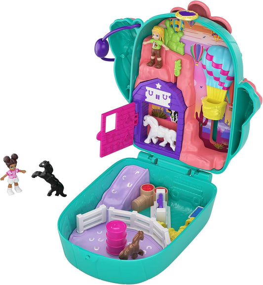 Polly Pocket Pocket World Cactus Cowgirl Ranch compacto com revelações divertidas, bonecas Micro Polly e Shani, 2 figuras de cavalo e folha de adesivos; Para maiores de 4 anos, GKJ46