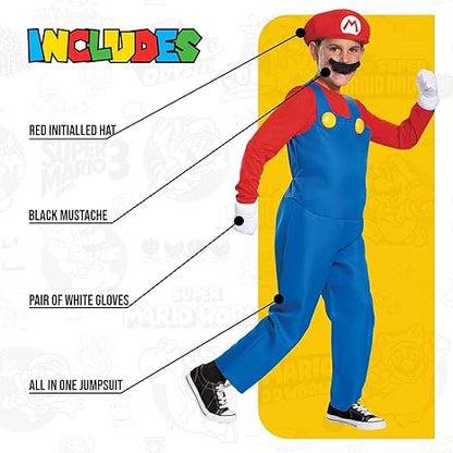 DISGUISE Fantasia oficial de Deluxe Nintendo Super Mario para crianças, fantasia de Mario Fancy para meninos e crianças, Halloween, aniversário, dia mundial do livro, semana, fantasia de Mario Bros para crianças