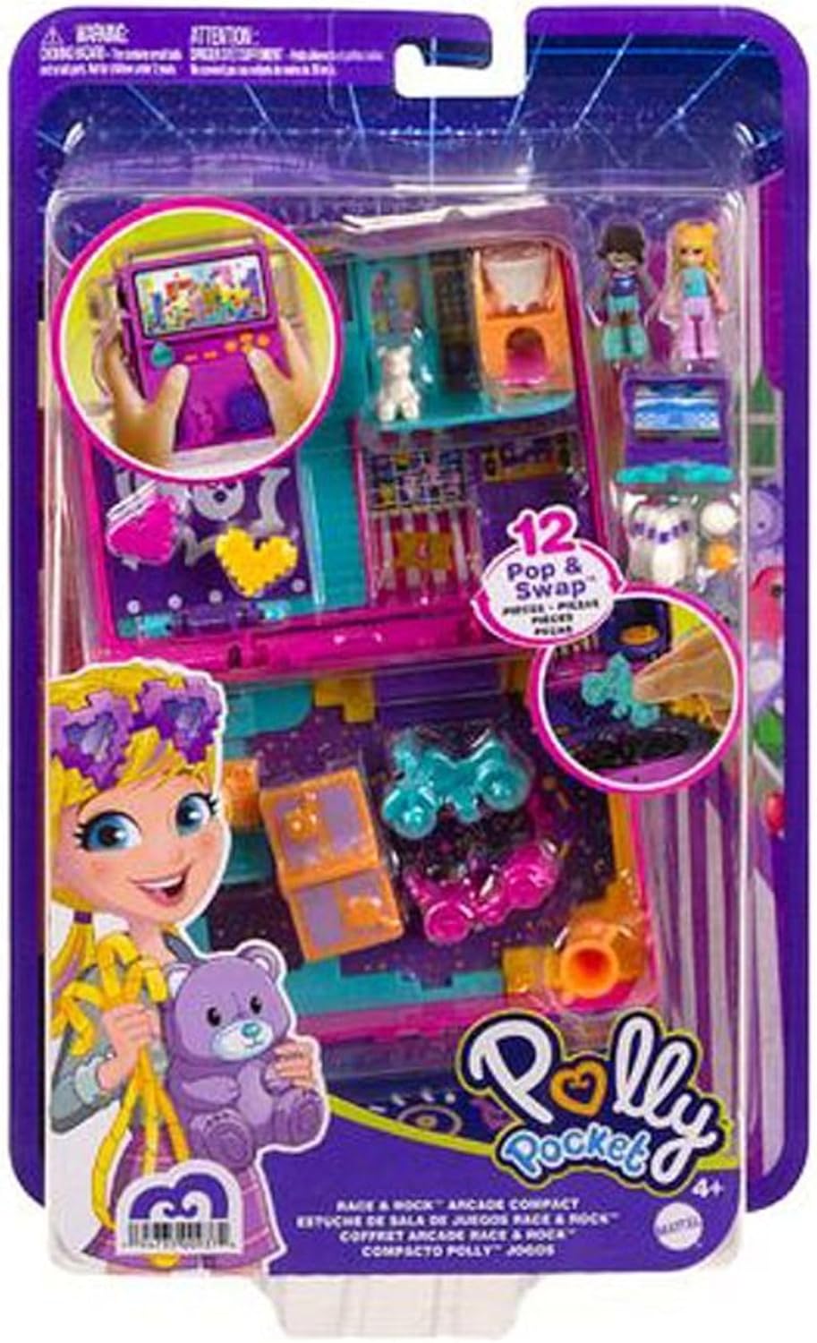 Polly Pocket Race & Rock Arcade Compact, tema de jogo com bonecas Micro Polly e Shani, 5 revelações e 12 acessórios, recurso Pop & Swap, ótimo presente para maiores de 4 anos