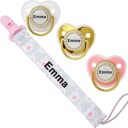 4 unidades, chupeta personalizada com nome, clipe de chupeta personalizado, presente de bebê para meninos e meninas recém-nascidos, acessório de chupeta brilhante com nome (0 a 6 meses) (rosa)