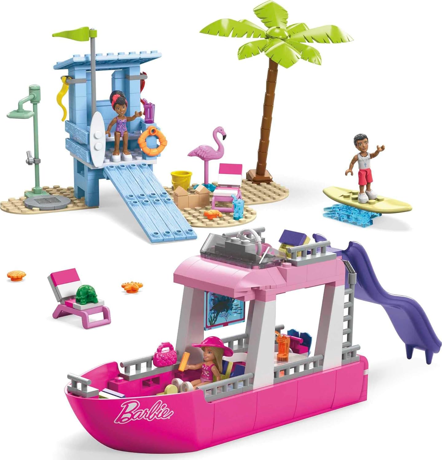 MEGA Barbie Dream Boat, brinquedo de construção para meninos e meninas + 6 anos, inclui 317 blocos, 3 bonecas e acessórios, HPN79